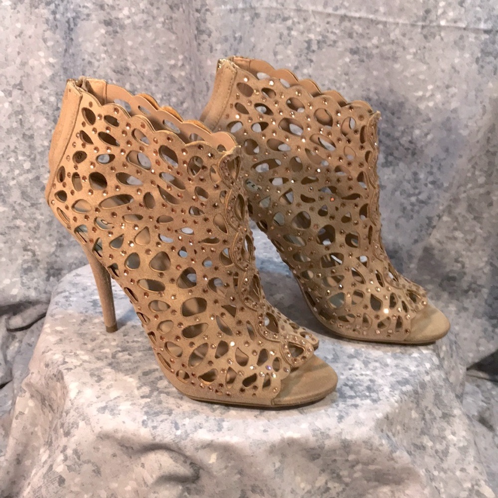Zigi Soho sz 8 Tan Laser-Cut Peep-Toe Stiletto Booties w/Rhinestones.